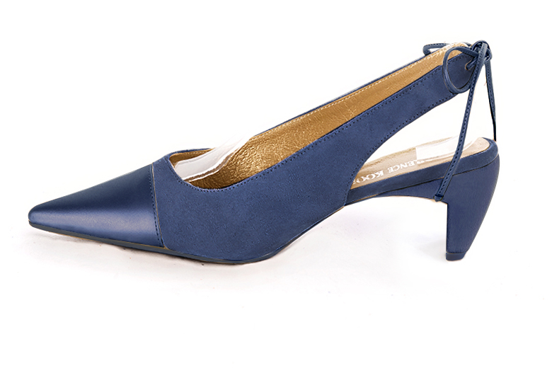 French elegance and refinement for these prussian blue dress slingback shoes, 
                available in many subtle leather and colour combinations. This beautiful enveloping pump will fit your foot without binding it
Its rear lacing will allow you to adjust it to your liking.
To be declined according to your choice of materials and colors.  
                Matching clutches for parties, ceremonies and weddings.   
                You can customize these shoes to perfectly match your tastes or needs, and have a unique model.  
                Choice of leathers, colours, knots and heels. 
                Wide range of materials and shades carefully chosen.  
                Rich collection of flat, low, mid and high heels.  
                Small and large shoe sizes - Florence KOOIJMAN